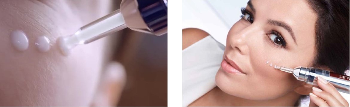 Nahaufnahme von Eva Longoria, die mit sanfter Geste ein Serum, das Hyaluronsäure enthält, auf ihre Haut aufträgt. Eva Longoria trägt ein Serum, das Hyaluronsäure enthält, vorsichtig auf ihre Haut auf.